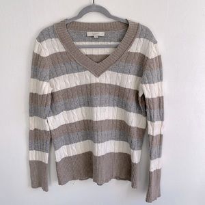 LOFT XL V Neck Cable Knit Striped Sweater